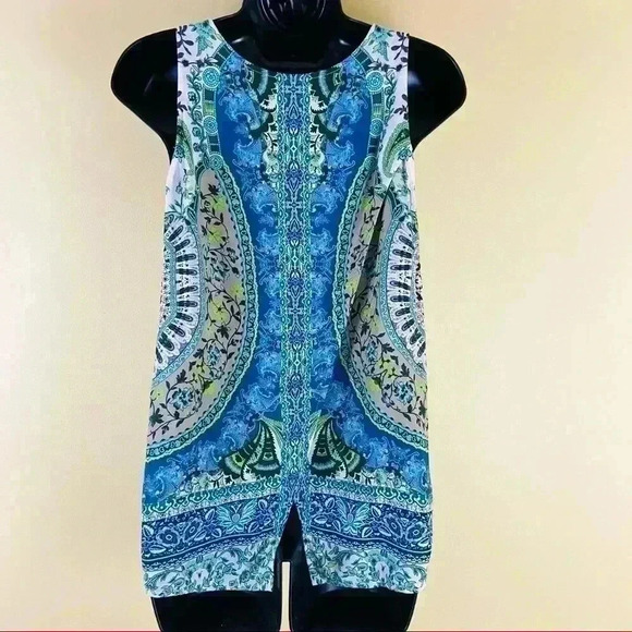 Etcetera Mandala Blue Floral Sleeveless Wrap Open Back Scoop Neck Top - Picture 6 of 10